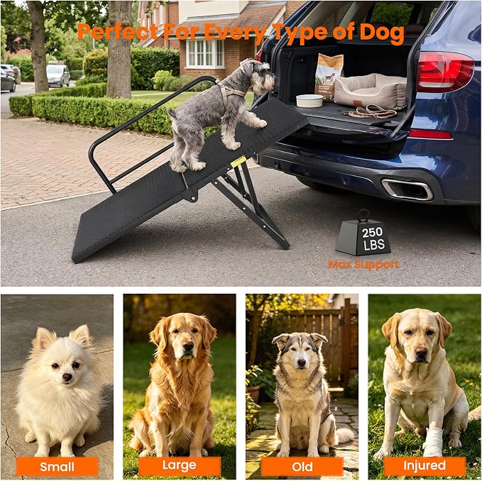 Dog Ramp for Bed,Couch,Car, 5-Level Adjustable Foldable Pet Ramp | With Non-Slip Rubber Surface & Safety Side Rail, Adjustable Height 13"-18.3", For Small & Medium Dogs, Supports Up to 200 lbs