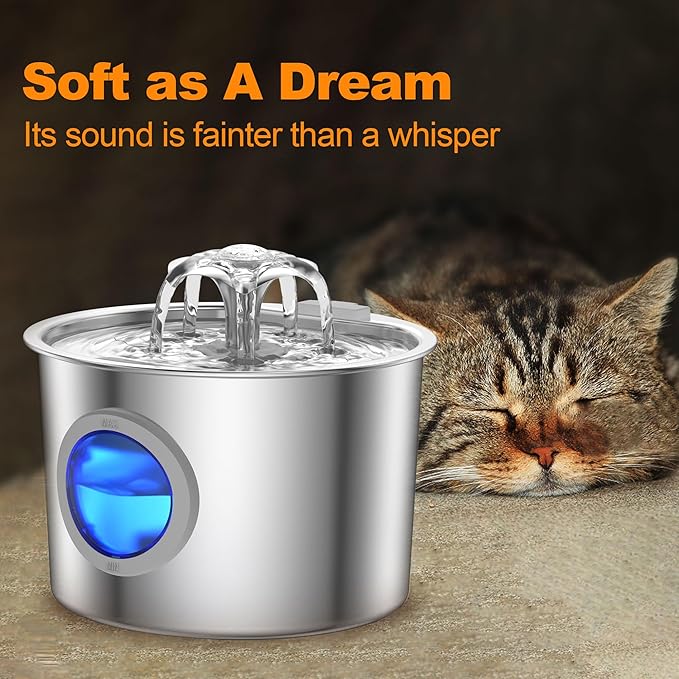 Premium Cat Water Fountain - Whisper-Quiet, 304 Stainless Steel, Smart Pump for Hydration Obsessed Cats | 74oz, 6 Filters Included (74oz Cat Fountain+6 Filters +6 Sponges)