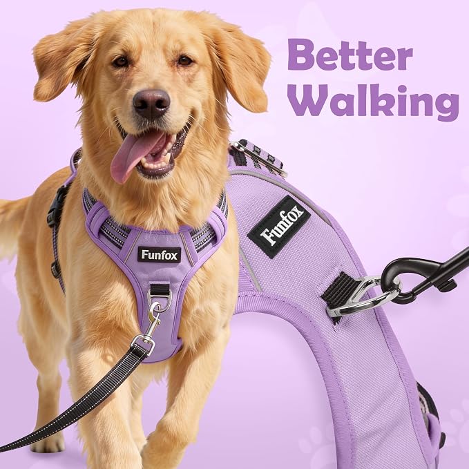 Dog Harness No Pull, Adjustable Pet Vest Harness, Super Soft Material with Vertical Handle Easy Control, Reflective Night Walking, 2 Leash Clips for XLarge Dogs, Purple, XL