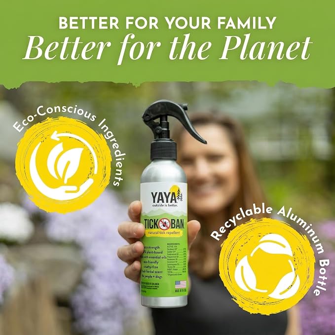YAYA ORGANICS Tick Ban DEET-Free Mist Spray - Made in USA - All Natural Extra Strength Tick Repellent Spray Made with Essential Oils - Safe for Kids & Dogs (8 Ounce)
