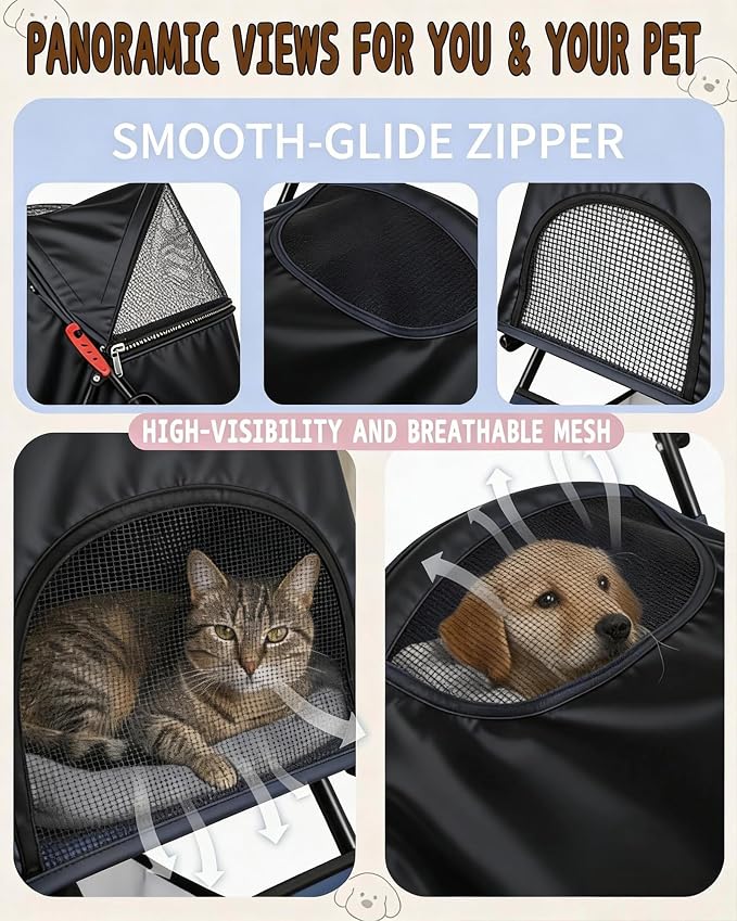 Pet Stroller for Small Medium Dogs Cats - Lightweight Foldable Dog Stroller | 33lbs, 4 Wheels All Terrain Cat Stroller, Breathable Mesh & Safety Tether, Storage Basket for Outdoor Walks-BLACK