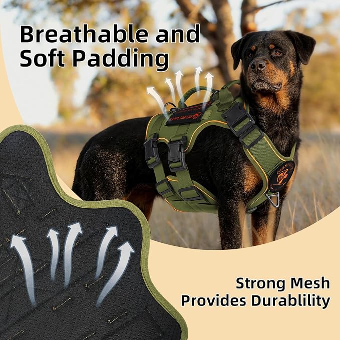 Reflective Tactical Dog Harness with AirTag Holder&3 Pet Patches, Green XL | Heavy Duty No Pull Dog Harness, Adjustable Dog Harness, Two Handles, Breathable Mesh Padding, Resists Dirt and Stay Clean