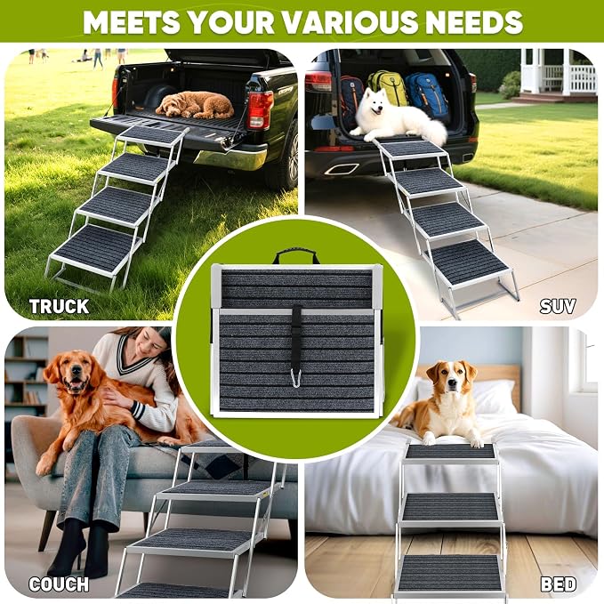Joyrally 4-Step Dog Stairs for Car, Large Dogs, Rug with Iron Bars | 20 in extra-wide aluminum frame, rug surface and support bars for SUV and truck trunks, for senior and injured dogs
