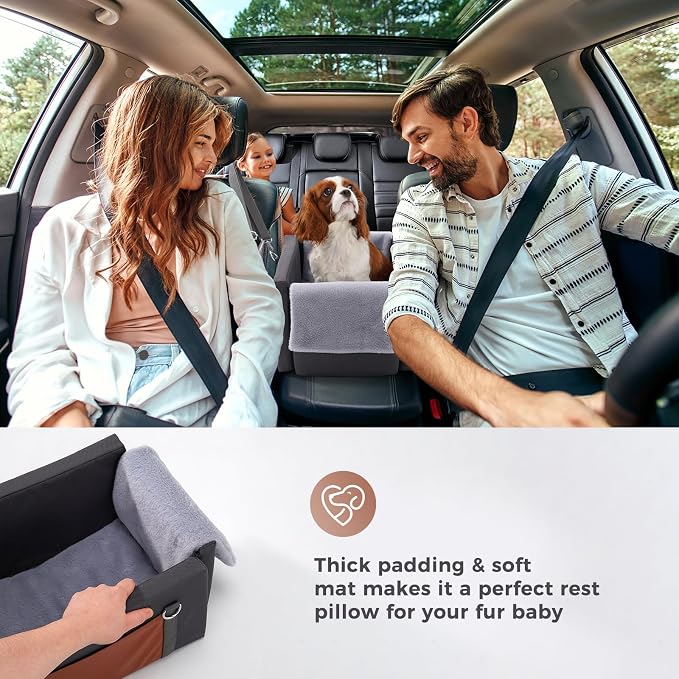Avont Center Console Dog Car Seat for Small Dogs, Secure Armrest Pet Booster Seat with Multi-Strap Support, Washable Console Seat Bed with Storage Pocket -Dark Grey