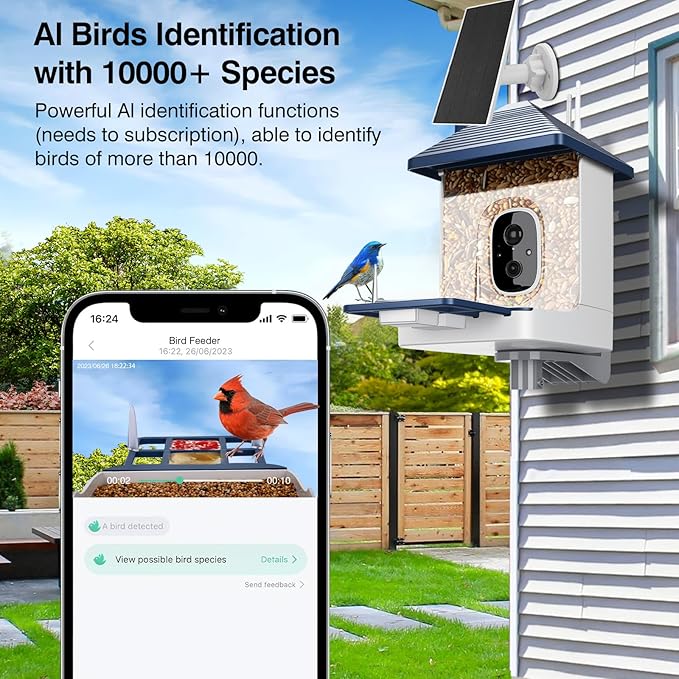 Smart Bird Feeder with Camera,AI Identify Species,Bird House with Solar Powered,Instant Arrival Alerts,64GB Card Auto Record Video,2K Capture Video,Live View for Lover (Blue+64G Card)