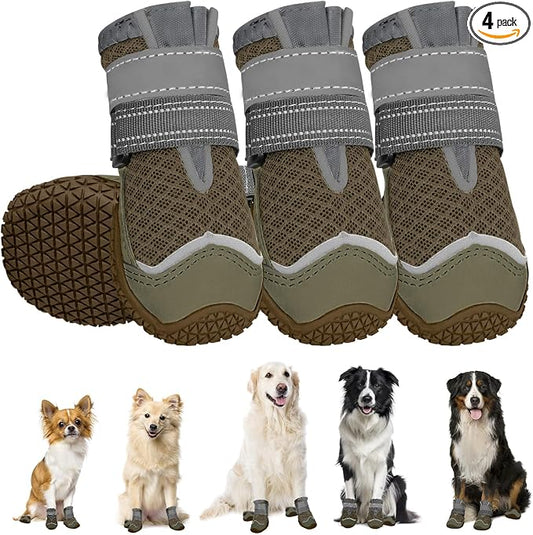 SlowTon Dog Shoes for Large Small Medium Dogs - Breathable Dog Boots for Summer Hot Pavement, Paw Protector for Outdoor Walking Winter Snow, Anti-Slip Rubber Dog Booties for Hardwood Floor (Brown, 1)