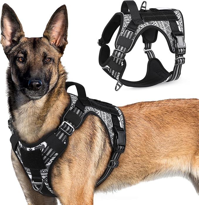 rabbitgoo Tactical Dog Harness for X-Large, No Pull Military Service Vest | Molle & Handle, Heavy Duty, Adjustable, Reflective Straps, Easy Control for Training Walking, B&W Geometric, X-Large