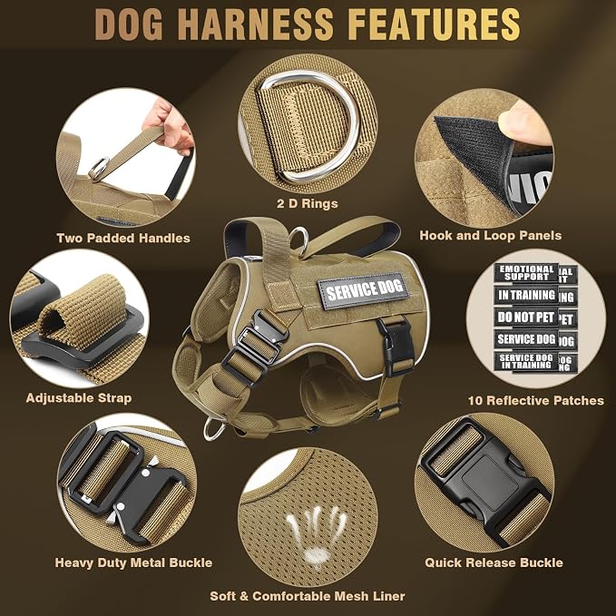2X Metal Buckle Service Working MOLLE Dog Vest with 10 Pet Patches | Tactical Dog Harness for Large Dog, No-pull Military Working Vest for Training Hunting Walking，2x D Rings for Leash Clip