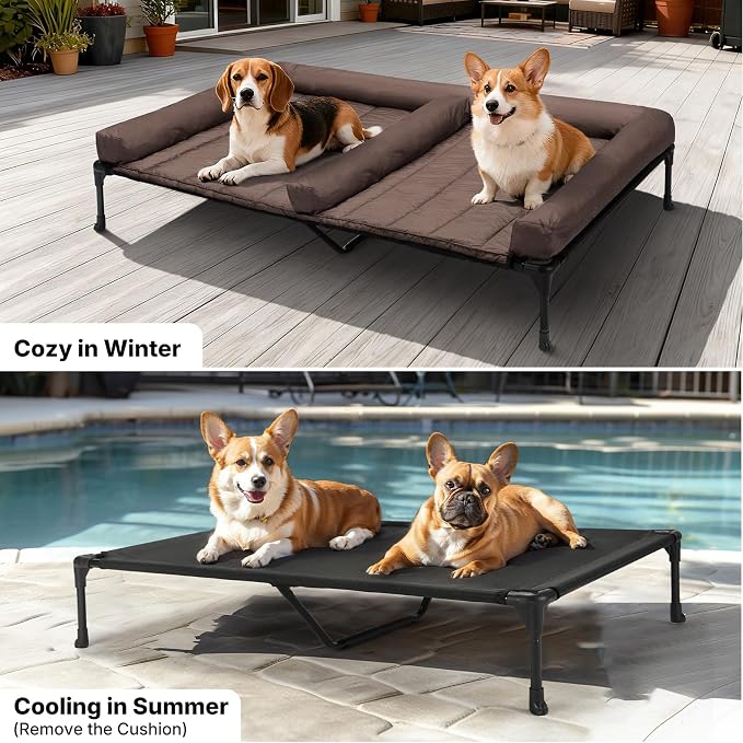 Veehoo Elevated Dog Bed for 2 Dogs, Cooling Raised Dog Bed with Bolster Mat | Outdoor Double Dog Bed with Removable Waterproof Cushion, Breathable Mesh, Non-Slip Feet for Outdoor & Indoor, 49", Brown