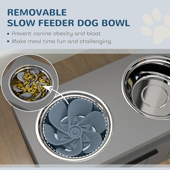 PawHut Elevated Dog Bowls Raised Dog Feeder with Storage Gray | 2 Stainless Steel Bowls, Slow Feeder Mat, Feeding Station, Large Extra Large Breeds