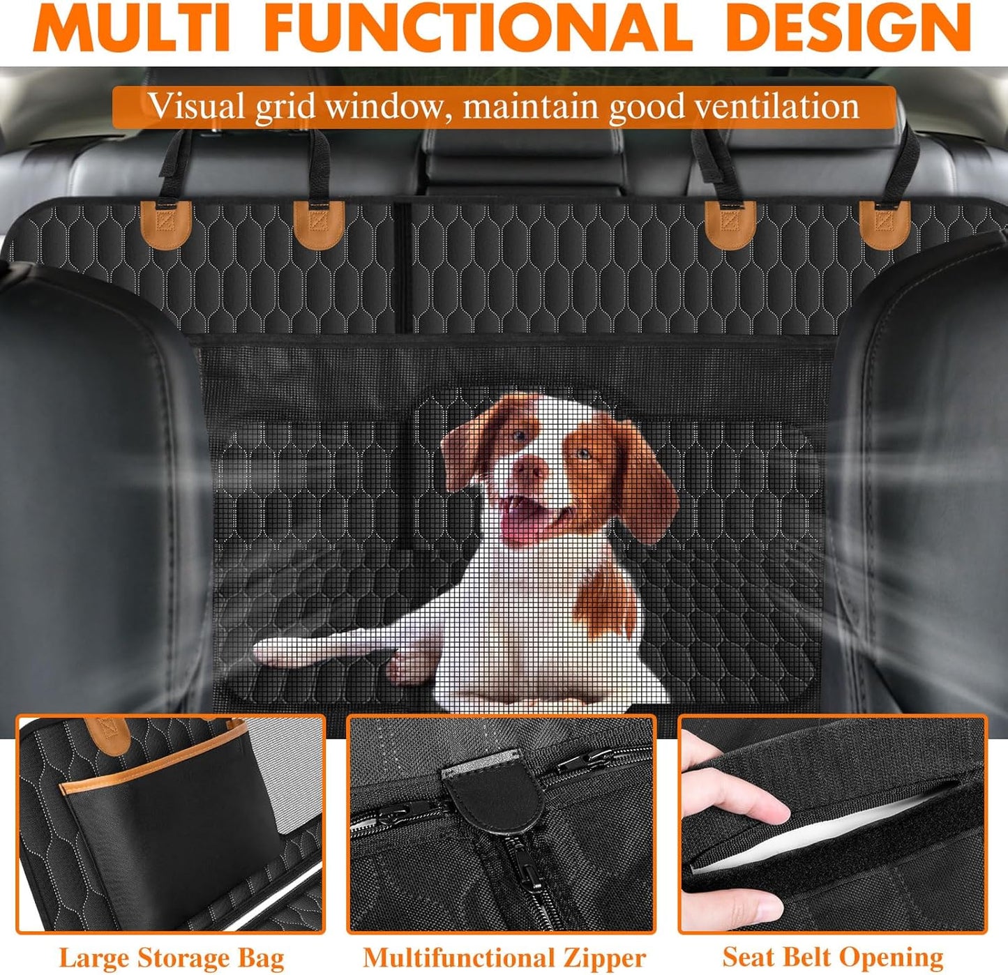 Dog Back Seat Cover, Waterproof Scratch Proof Nonslip Dog Hammock for Car, Car Seat Cover for Back Seat with Sanitary Pad Mesh & Pocket for Cars SUVs and Trucks - S, Black/Orange