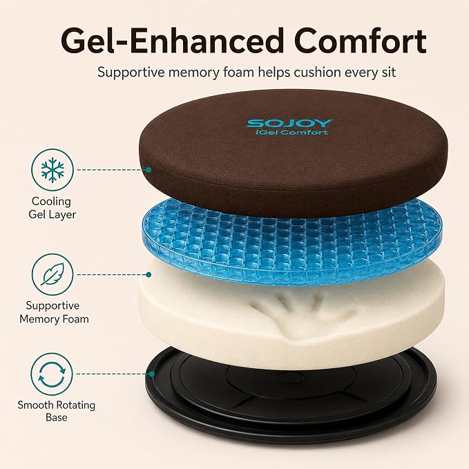 Sojoy iGelComfort 360° Swivel Seat Cushion – Gel Memory Foam Cushion for Car, Office, Dining – Pain Relief & Easy Entry/Exit for Seniors, Post-Surgery & Long Sitting (Brown, 13.5" x13.5" x 1.75")