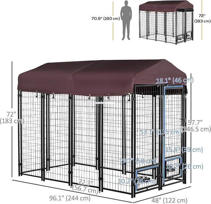 PawHut 8' x 4' x 6' Outdoor Dog Kennel with Rotating Bowl Holders, Walk-in Pet Playpen, Welded Wire Steel with Water and UV-Resistant Canopy, Red | Welded Wire Dog Kennel Outside Run, Waterproof & UV Resistant Cover, for S&M&L Breeds, Chickens & Ducks