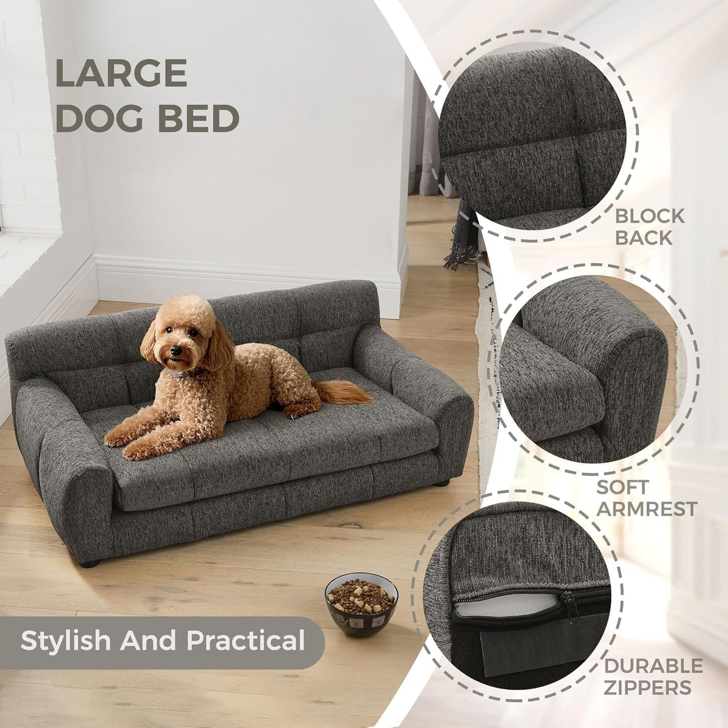 Dog Couch Bed, Mini Sofa for Dogs with Backrest and Armrest, Durable Pet Sofa with Soft Foam Cushion, Elevated Dog Couch Bed with Legs for Medium and Large Dogs, Stone Grey