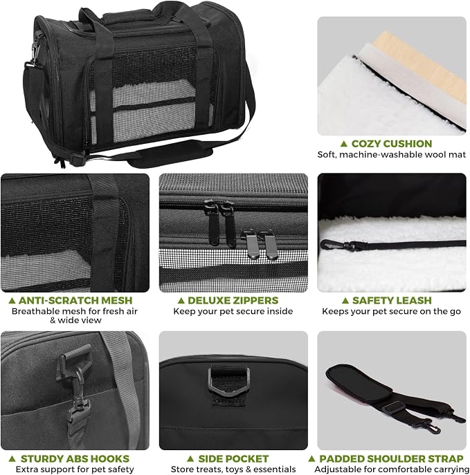 Soft-Sided Cat Carrier Expandable Pet Carrier Airline Approved Mesh Travel Carrier Up to 22lbs for Cats Small Dogs Collapsible Escape-Proof with Shoulder Strap Washable (20x13x13 Black)