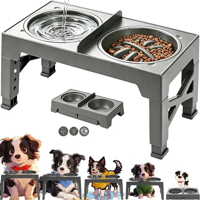 3-in-1 Elevated Slow Feeder and Water Bowls for Dogs, 4 Height Adjustable Raised, Separate Dry and Wet Areas, Prevent Water Overflow, Foldable Pet Bowl