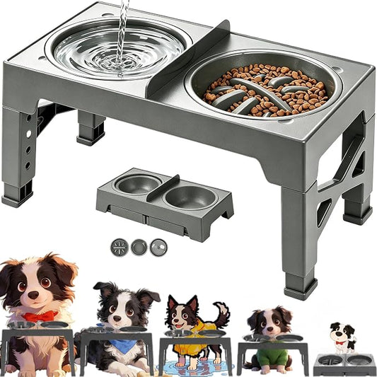 3-in-1 Elevated Slow Feeder and Water Bowls for Dogs, 4 Height Adjustable Raised, Separate Dry and Wet Areas, Prevent Water Overflow, Foldable Pet Bowl
