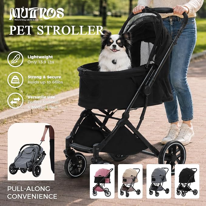 MUTTROS Pet Stroller for Small Medium Dogs & Cats Up to 66lbs, One Click Fold Dog Stroller, Large Cat Stroller w/All Terrain Shock Absorbing Wheels, Reversible Handle, Removable Washable Pad, Black