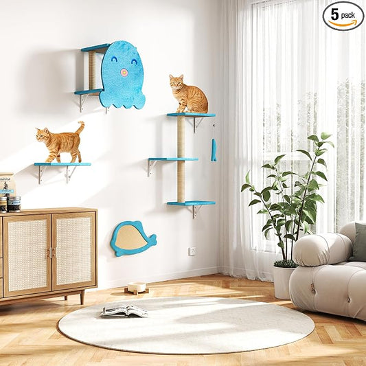 5 Pcs Wall-Mounted Climber Set, Wood Indoor with Shelves and Perches, Ladder, Condo House, Scratching Board and Tree, Wall Shelves Furniture for Cats (Ocean Blue)