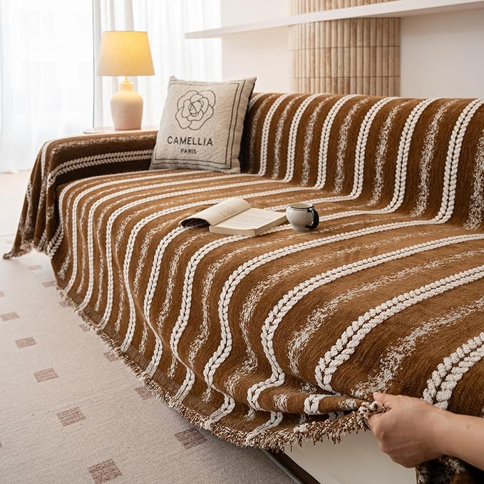 VClife Sofa Cover Bohemian Striped Pattern Couch Cover for 3 Cushion Sofa - Caramel Brown Creamy White Textured Sofa Slipcover Washable Furniture Protector for Couch Decorative Couch Cushion Cover