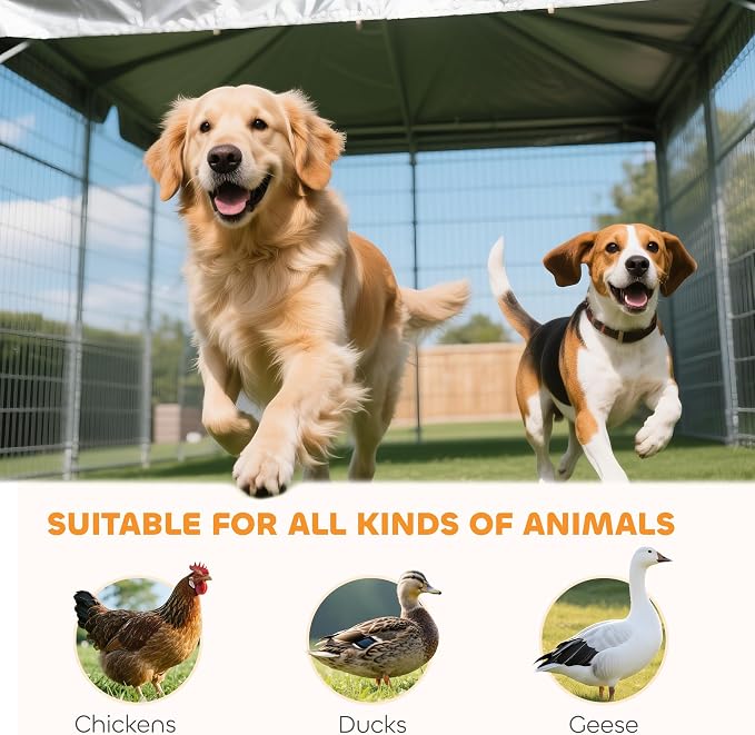 PawHut 10' x 10' x 6' Outdoor Dog Kennel with 360° Rotating Bowls, Sliver | Welded Wire Dog Kennel Outside Run, Waterproof & UV Resistant Cover, for S&M&L Breeds, Chickens & Ducks