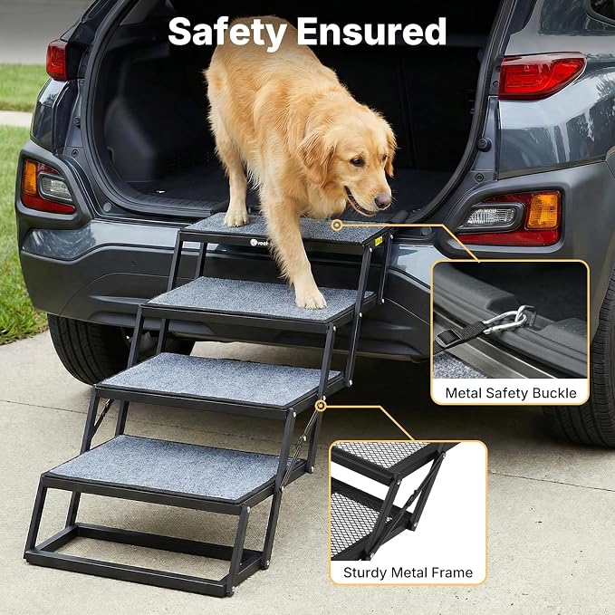 Veehoo Collapsible Dog Stairs for Large Dogs Car Truck SUV, Extra Wide 20" | 4 Steps Pet Ramp for Car Foldable Portable Dog Loader Ramps Ladder Folding Heavy Duty with Non Slip Surface, Up to 200lbs