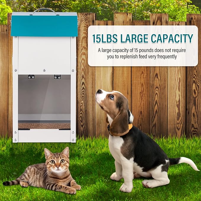 15lbs Automatic Dog Feeder Outdoor Dog Food Dispenser | Galvanized Gravity Cat Feeder with Clear Door, Metal Feeder for Dog, Puppy, Cat, Indoor&Outdoor Use