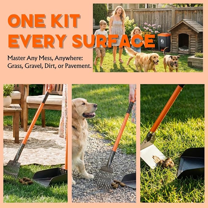 Pooper Scooper 6 Pack Set -INCL 15L Trash Can Outside, 20 Waste Bags, 38" Long Handle Dog Pooper Scooper Rake Tray Spade Set for Large Dog,OdorLock Step Can for no Touch Dog Poop for Grass/Gravel