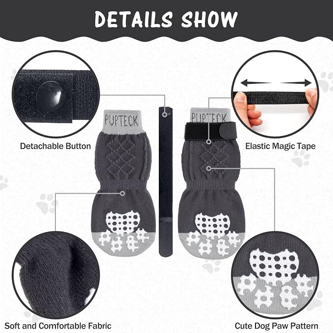 PUPTECK Anti-Slip Dog Socks with Double Sides Grips for Small Medium Large Dogs Hardwood Floors Prevents Licking, Dog Shoes for Hot Pavement Traction Control Paw Protector for Senior Dogs,Slate Grey L