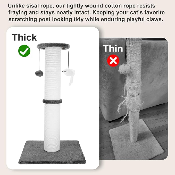 Cat Scratching Post 34 Inches Heavy Duty and Thicker Cat Scratching Post Cotton Rope with Hanging Ball and Mice Scratching Post for Indoor Cats and Adult(Grey)