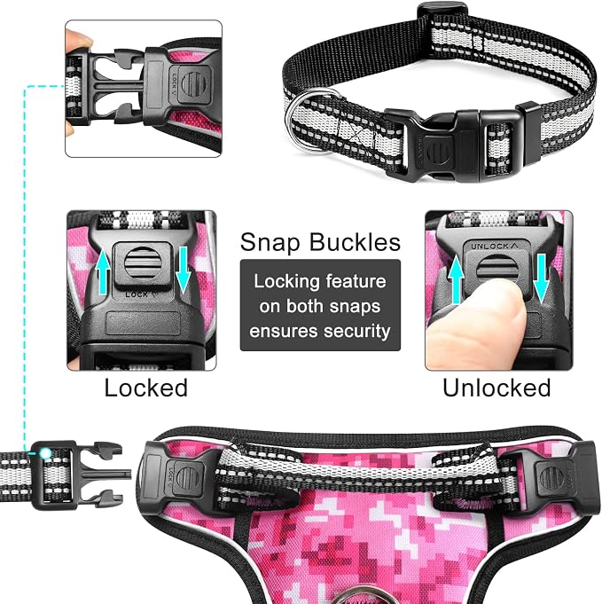 Dog Harness No Pull, Pet Harnesses with Dog Collar, Adjustable Reflective Oxford Outdoor Vest, Front/Back Leash Clips for Small, Medium, Large, Extra Large Dogs, Easy Control Handle for Walking