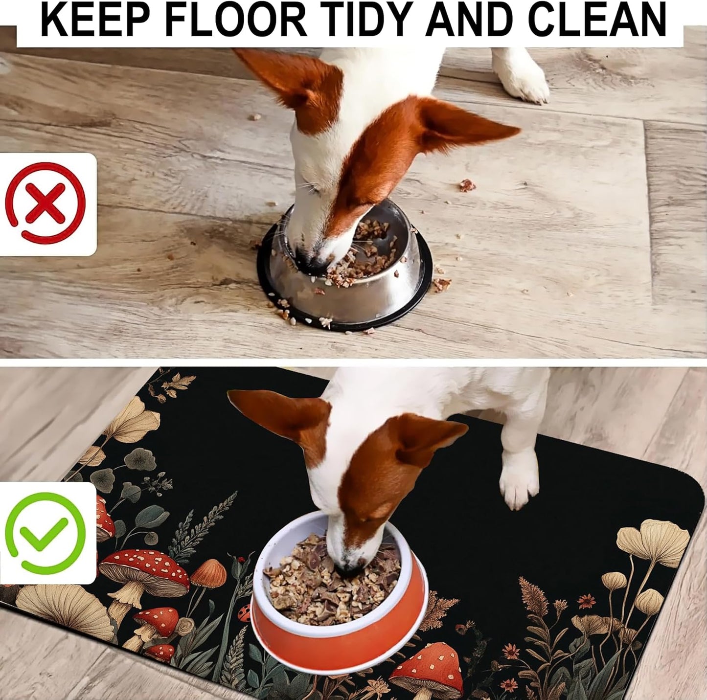 Vintage Mushroom Flower Pet Cat Dog Food Mat-Absorbent Quick Dry Feeding Placemat for Water and Food, No Stains Rubber Base Mat for Indoor Use, Pet Accessories 12"x20"