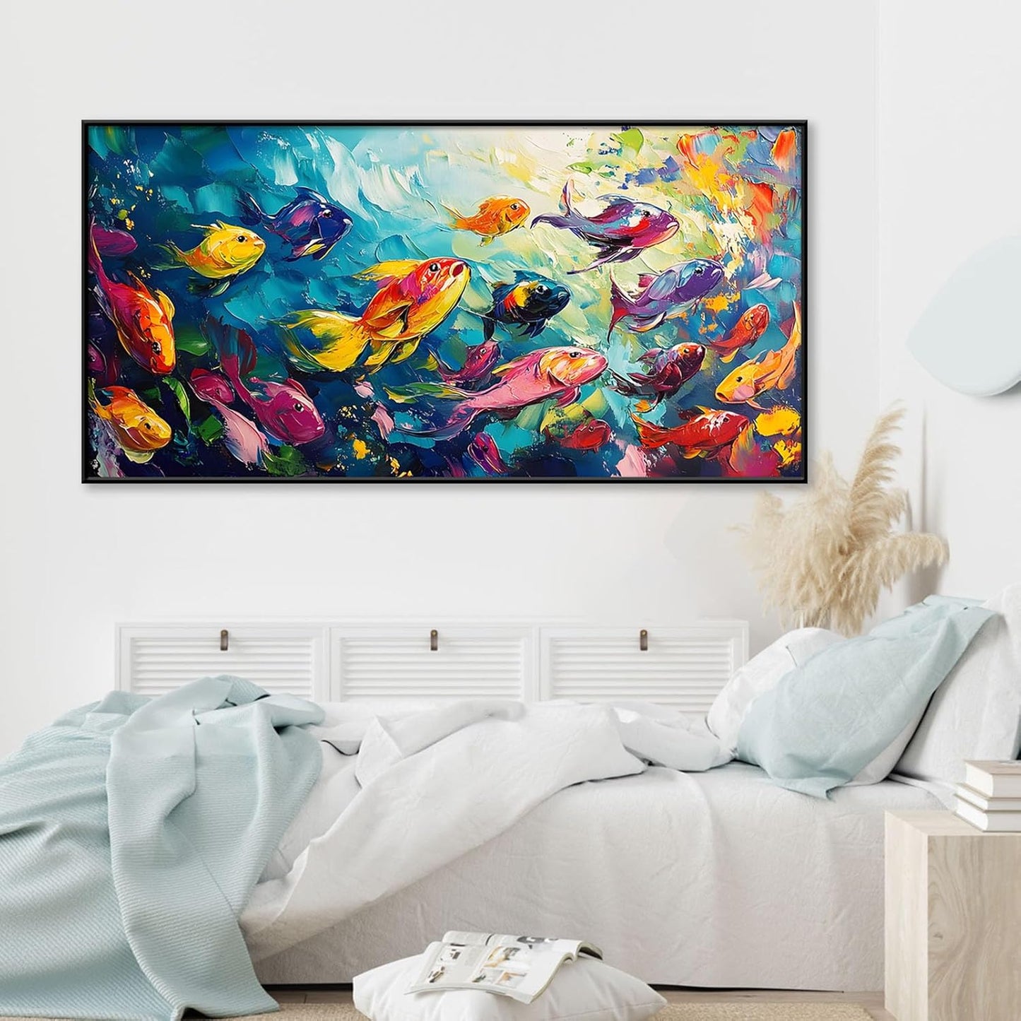 School of Fish Printed Canvas Wall Art – Framed Abstract Ocean Print – Vibrant Fish Wall Decor for Living Room, Bedroom, Office (Black Framed, 39"x19"|100x50cm)