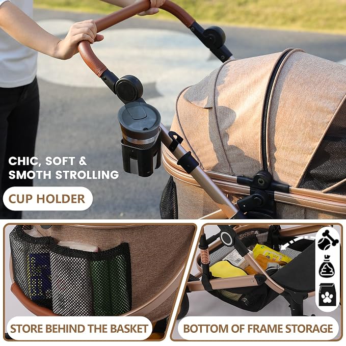 Bicystar Dog Stroller with Detachable Carrier, Rubber Wheels, 50 lbs, Tan | 3-in-1 stroller and car seat, real solid rubber wheels, fits 2 small or 1 medium pet, foldable frame