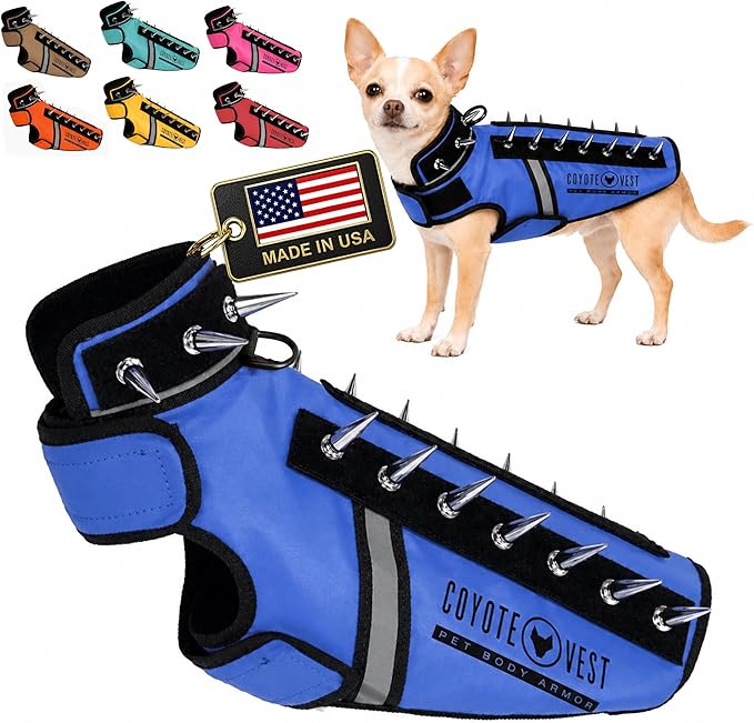 CoyoteVest SpikeVest Dog Harness, Made in the USA, XXS-Royal Blue | Stab-Resistant Protective Vest | Coyote Vest for Dogs | Defends Against Coyotes, Dogs, Birds of Prey | Reflective Safety