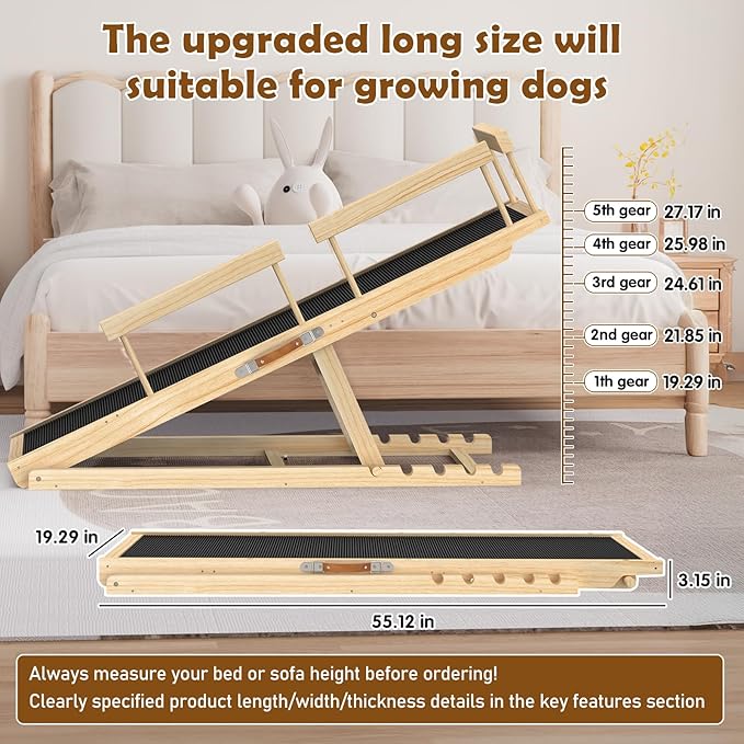 55" Adjustable Dog Ramp for Bed, Upgraded Wooden Pet Ramp with Non-Slip Silicone Surface and Side Rails, Height Settings (19.68-27.55"), Holds Up to 250lb, Portable Pet Stairs for Senior & Large Dogs