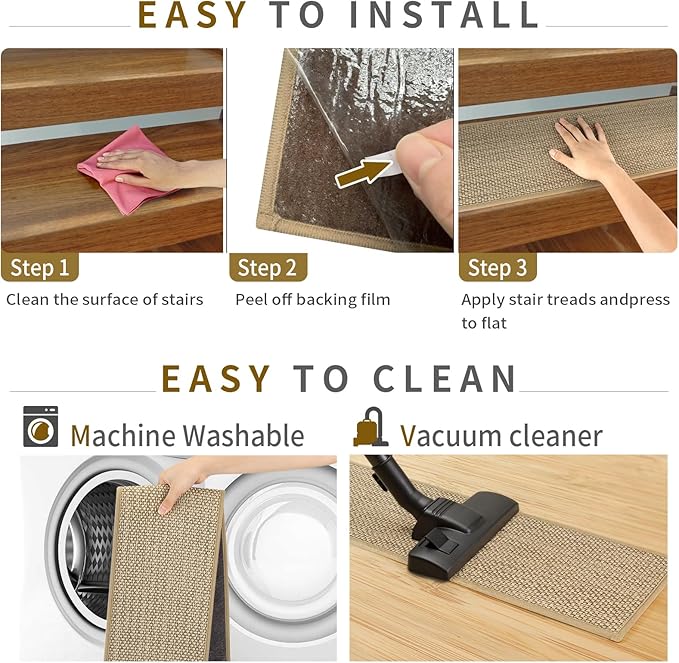 Stair Treads Non Slip for Wooden Steps Indoor 9" x 30" 15 Pack Extra Wide Stair Tread Carpet Stairs Runner, Step Pads with Reusable Adhesive for Dogs Kids Elders, Machine Washable, Beige