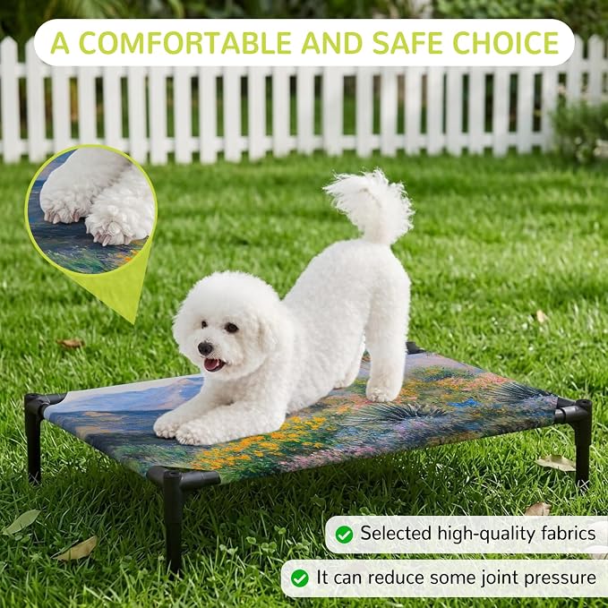 Outdoor Elevated Dog Bed for Medium Dogs, Tropical Mountain Breathable Cooling Raised Dog Cot for Indoor/Outdoor, Farmhouse Nature Trees Flowers Blue Sky Waterproof Elevated Pet Beds, M 24 x 20 in