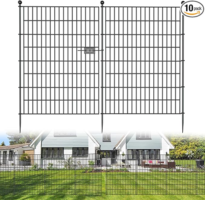 10 Panels No Dig Decorative Outdoor Garden Fence with Gate for Yard, 40 in(H) X 23.6 ft(L) Animal Barrier Fencing Rustproof Metal Wire Panel Border for Dog, Rabbits, and Patio Temporary Ground Stakes