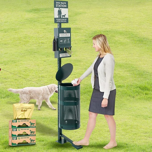 Qinyoung Pet Waste Station, Includes 600 Roll Bags, Dog Waste Station with Foot Pedal, Dog Poop Sign, Bag Dispenser, Hand Sanitizer Bottle and Covered Outdoor Trash Can for Parks, Trails Outdoor