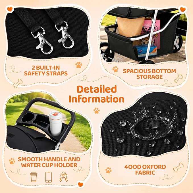 ZENY Foldable Pet Stroller, Cat/Dog Stroller with 4 Wheel, Pet Travel Carrier Strolling Cart with Storage Basket, Cup Holder (Black)