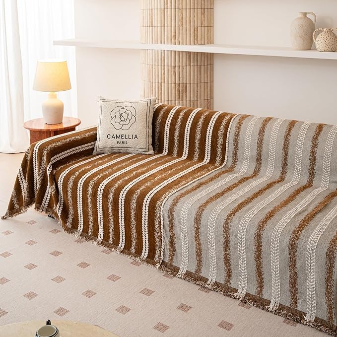 VClife Sofa Cover Bohemian Striped Pattern Couch Cover for Oversized Sofa - Caramel Brown Creamy White Textured Sofa Slipcover Washable Furniture Protector for Couch Decorative Couch Cushion Cover