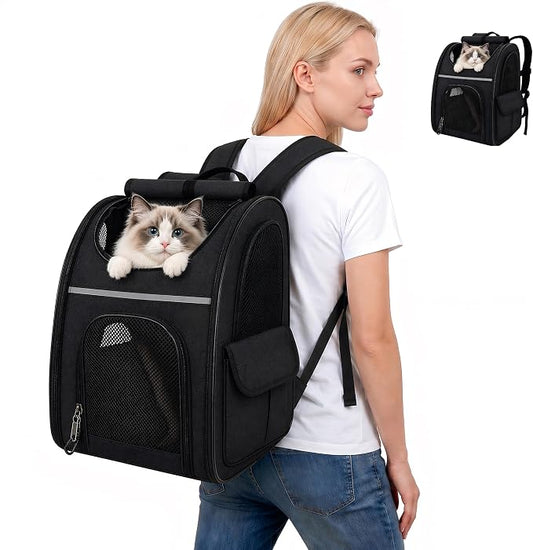 Expandable Cat Backpack Carrier Airline Approved Pet Travel Backpack with Breathable Mesh, Large Space, Safety Leash, Comfortable Padded Straps, Foldable Soft Pet Carrier for Hiking Vet