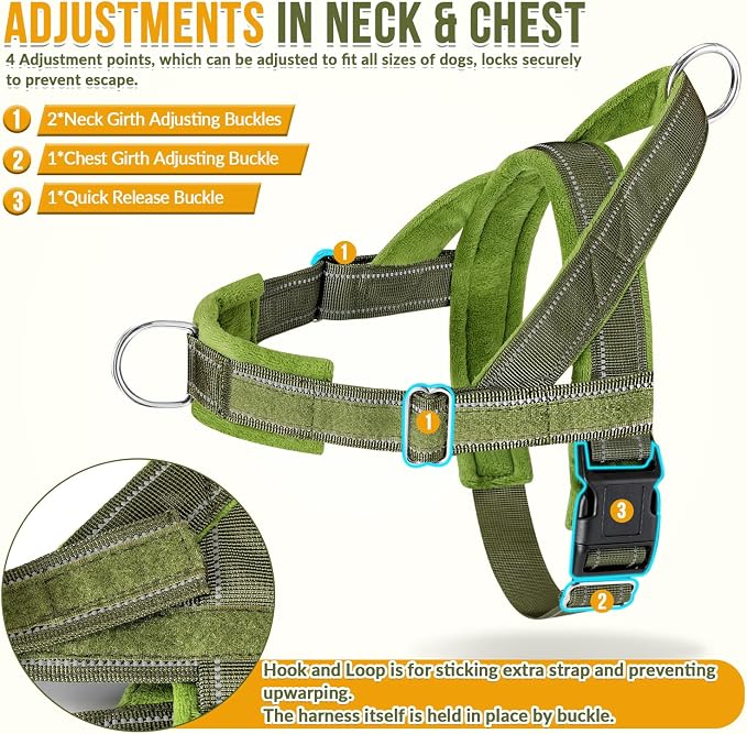 SlowTon No Pull Dog Harness with Front Clip - Heavy Duty, Soft Padded | Neck & Chest Adjustable, Tactical Pet Vest and Leash Set for Large Medium Sized Dogs, for Easy Walk & Training, Green XL