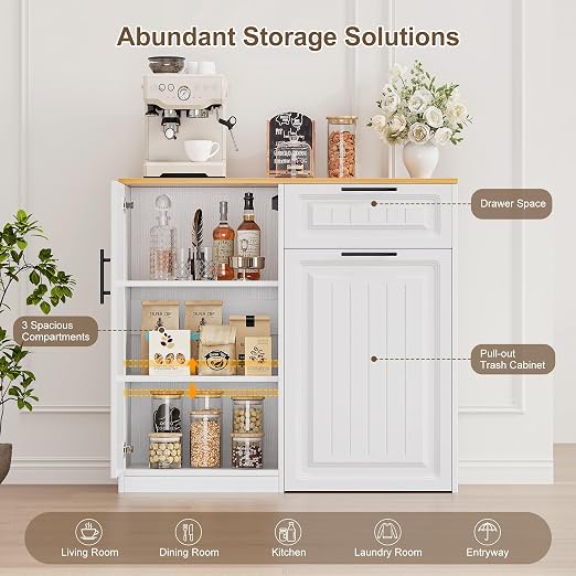 ZIFTY Pull Out Trash Can Cabinet with Storage, 13 Gallon Trash Can, White | Pet Proof, Freestanding Kitchen Cabinet, Drawer & Adjustable Shelf, Garbage Recycling, Modern Farmhouse Waste Bin Furniture