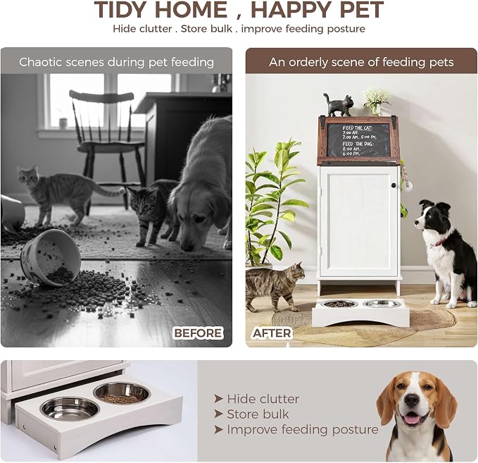 FIMELLO Dog Feeding Station with Storage, Dog Food Cabinet with 2 Hidden Feeding Bowls, Flip-Top Pet Storage Cabinet, Pet Food Holder, White Grain