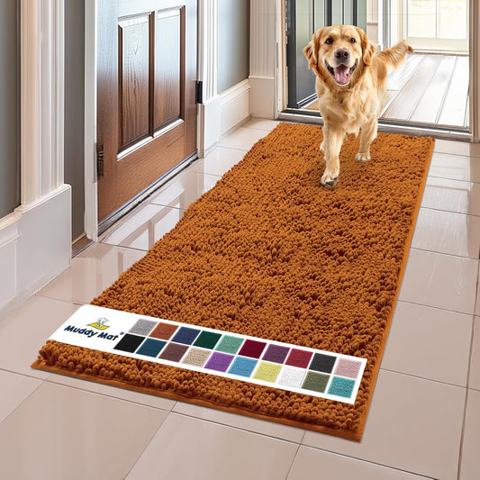 Muddy Mat® AS-SEEN-ON-TV Highly Absorbent Microfiber Dog Door Mat and Pet Rug, Non Slip Thick Washable Area and Bath Mat Soft Chenille for Kitchen Bathroom Bedroom and Indoor - Orange Runner 24"X60"