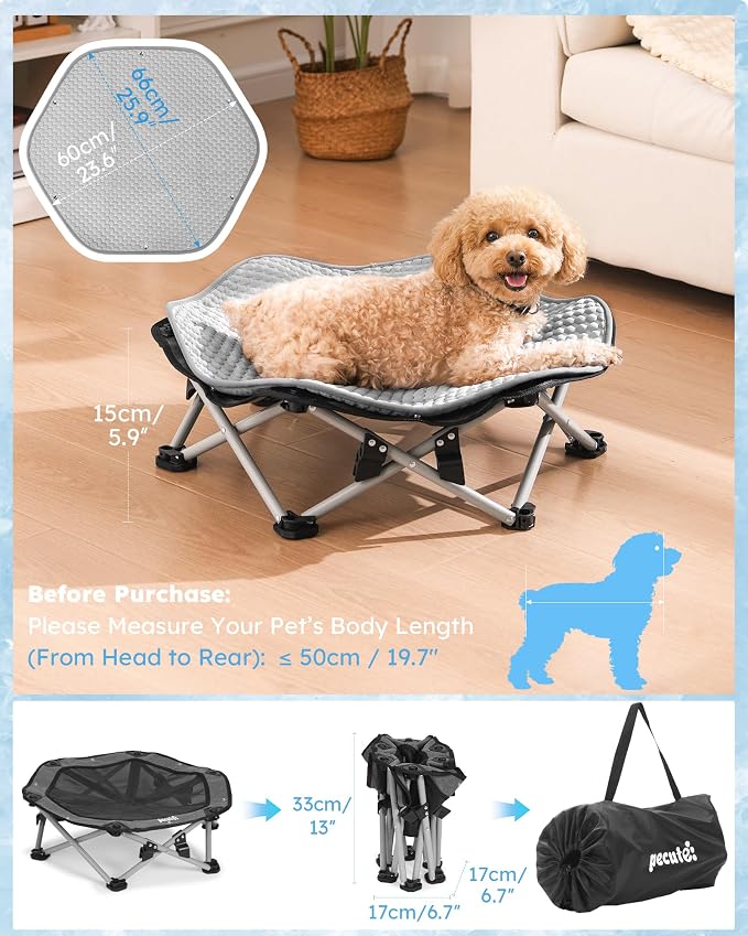 Pecute Raised Dog Bed with Cooling Mat, Elevated Pet Cot for Cats, M | Breathable Textilene Mesh, Outdoor Camping & Beach, Steel Frame,130 lbs Heavy Duty Support, Tool-free 3-second Quick Assembly