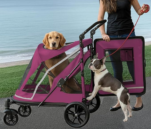 Pet Gear NO-Zip Pet Stroller with Dual Entry, Push Button Zipperless Entry for Single or Multiple Dogs/Cats, Pet Can Easily Walk in/Out, Gel-Filled Tires, Dark Raspberry, Expedition