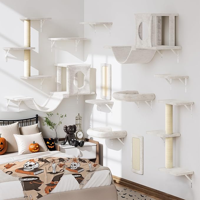 12-in-1 Cat Wall Shelves, Luxury Wall-Mounted Cat Climber Set with Condos House, Scratching Post, Bridge Ladder, Indoor Space-Saving Furniture for Kittens, Beige